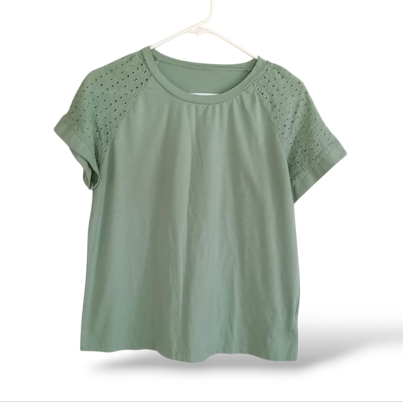 SHEIN Tops - Sage Green Eyelet Sleeve Tee Shirt Sleeve Tshirt Soft Casual Cute Cottagecore M